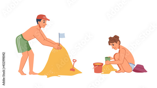 Boy and girl kids building sandcastle on summer sea beach isolated flat cartoon characters. Vector children sitting and standing on sand, happy child with toy bucket, playing together. Holiday leisure