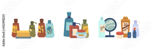 Beauty products packaging, cosmetics various skin and body care bottles, jars, soap and mirror, flat cartoon. Vector face treatment assortment of lotions, shampoo and washing gels containers