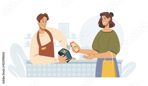 Contactless pay, woman paying by smartphone on terminal, flat cartoon vector illustration. Supermarket store counter shopper and vender at shop, cashier buyer. Mobile payments via nfc, money transfer