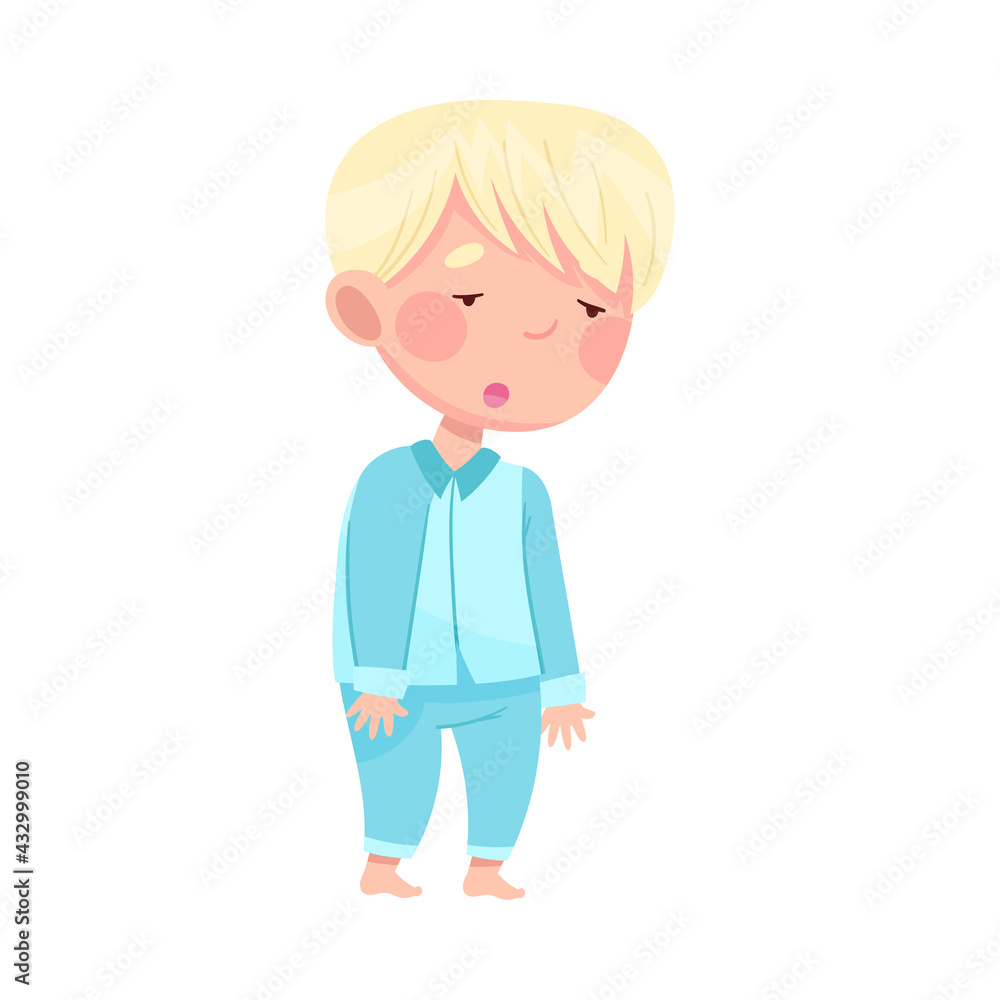 Cute Blond Boy in Blue Pajamas Yawning Feeling Sleepy Vector Illustration