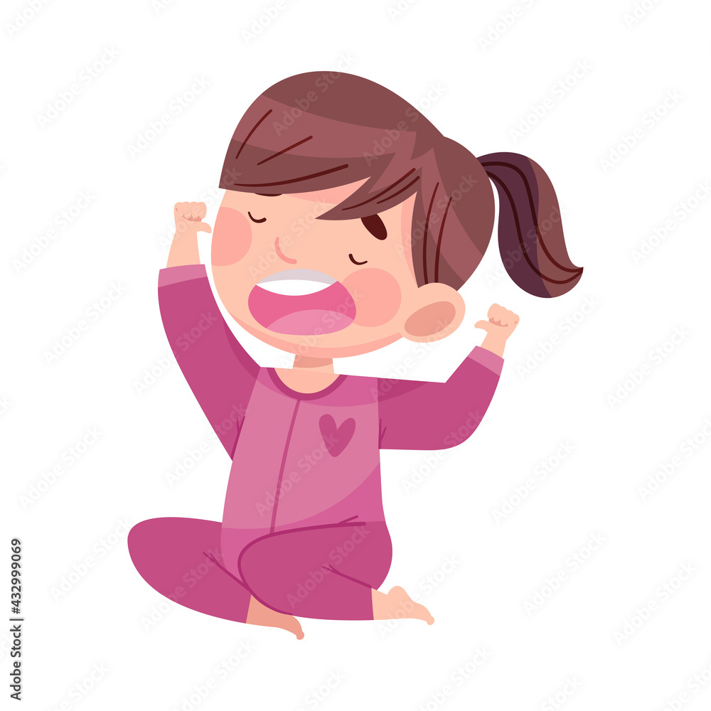 Cute Girl with Ponytail in Pajamas Stretching and Yawning Feeling Sleepy Vector Illustration Cute Girl with Ponytail in Pajamas Stretching and Yawning Feeling Sleepy Vector Illustration