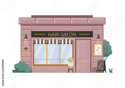 Hair salon barber beauty shop isolated flat cartoon building. Vector hairdresser small business retail store. Barbershop facade exterior, entrance and shopwindow, scissors hair cutters on billboard
