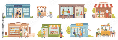 Small business people and building set, shops and stores, cafe and barbershop, buyers and vendors, clients customers. Vector grocery store and bakery, coffee cafe, barbershop, flower store, boutique