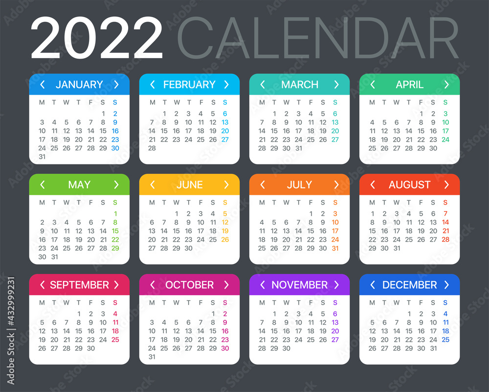 2022 Calendar - vector template graphic illustration - Monday to Sunday 2022 Calendar - vector template graphic illustration - Monday to Sunday