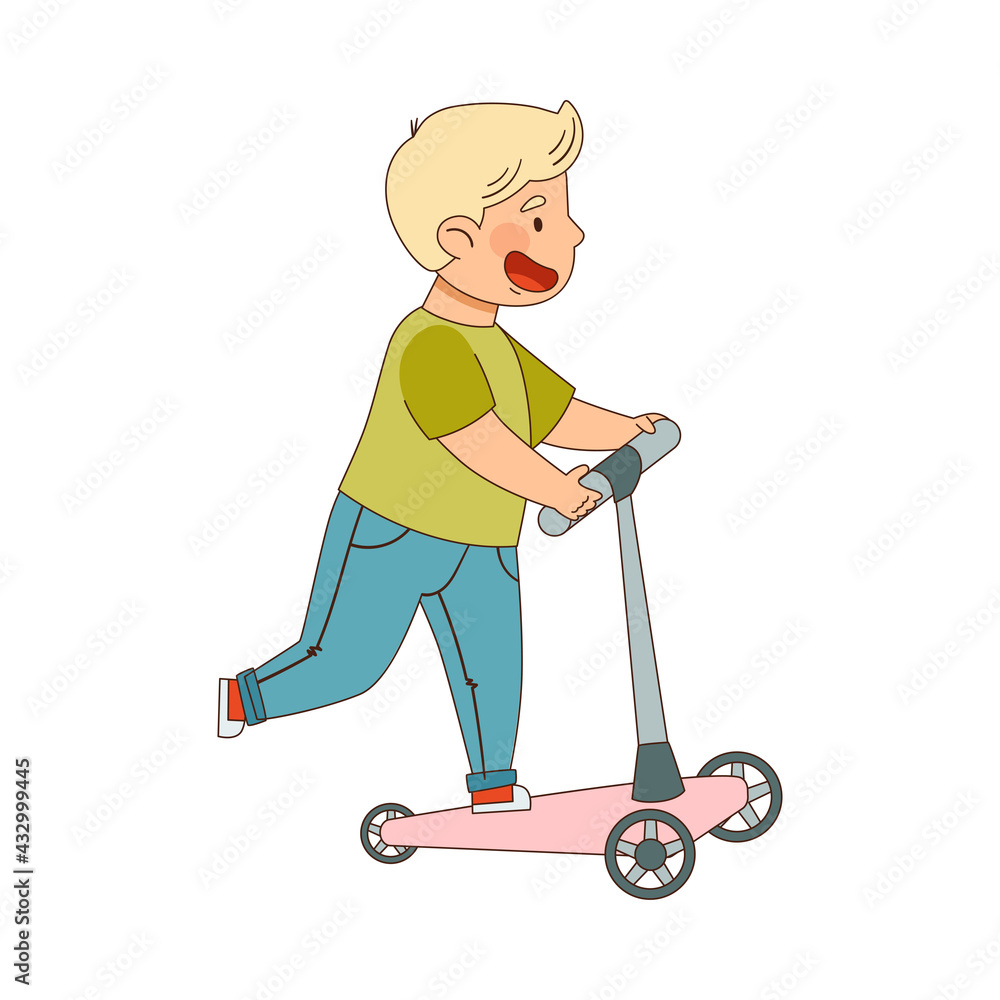 Smiling Blond Boy Riding Kick Scooter Enjoying Outdoor Activity Vector Illustration Smiling Blond Boy Riding Kick Scooter Enjoying Outdoor Activity Vector Illustration