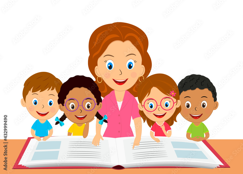 cute cartoon kids and teacher reading book