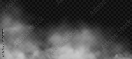 White fog or smoke 3D effect on transparent background. Vector cloud, mist cloudiness, vapor condensation, stream of gas or spray. Cloudy smoky steam, blowing cigarette smog, magic dust spread