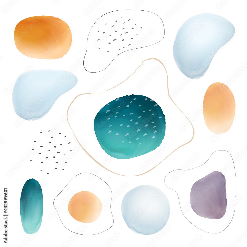 Set, abstract textured watercolor brush, blob shapes and frames, background with points and lines. Watercolour design elements isolated color grunge blots. Vector creative painted textures, modern art