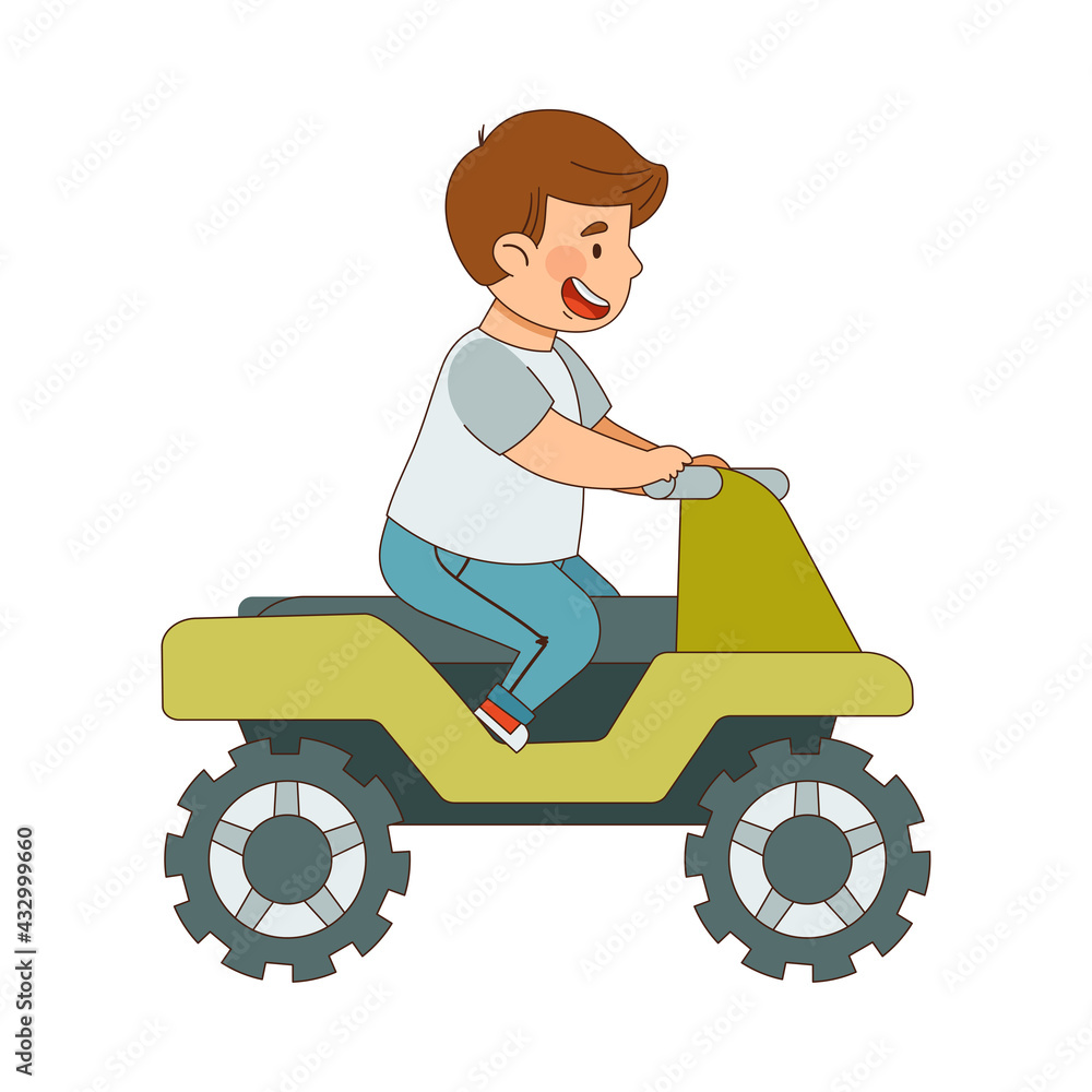 Little Boy Driving Electric Car Enjoying Outdoor Activity Vector Illustration