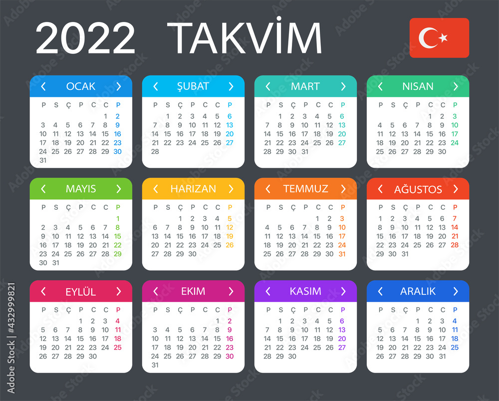 2022 Calendar - vector template graphic illustration - Turkish version 2022 Calendar - vector template graphic illustration - Turkish version