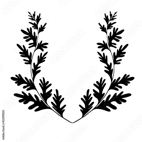 Black silhouette of wormwood herbaceous frame on a white background. Template with grass fields. Wreath with a branches of sagebrush. Vector monochrome natural card with Artemisia absinthium photo
