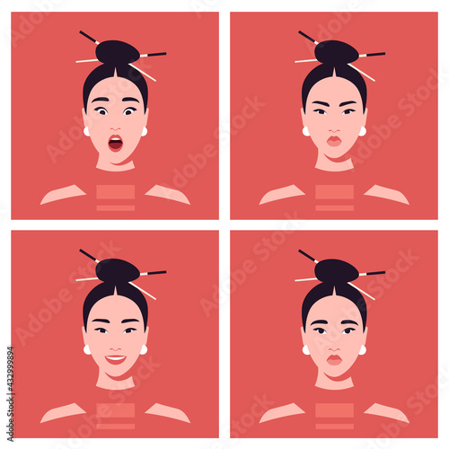 A set of emotions of an Asian woman's face. Avatars. 
Different moods: happiness, anger, sadness and fear. Vector illustration