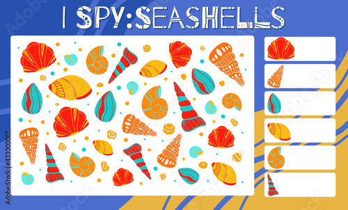 I spy game. Childrens educational fun. Count how many elements. Marine seashells with folk decorations. Vector summer template for preschool games.