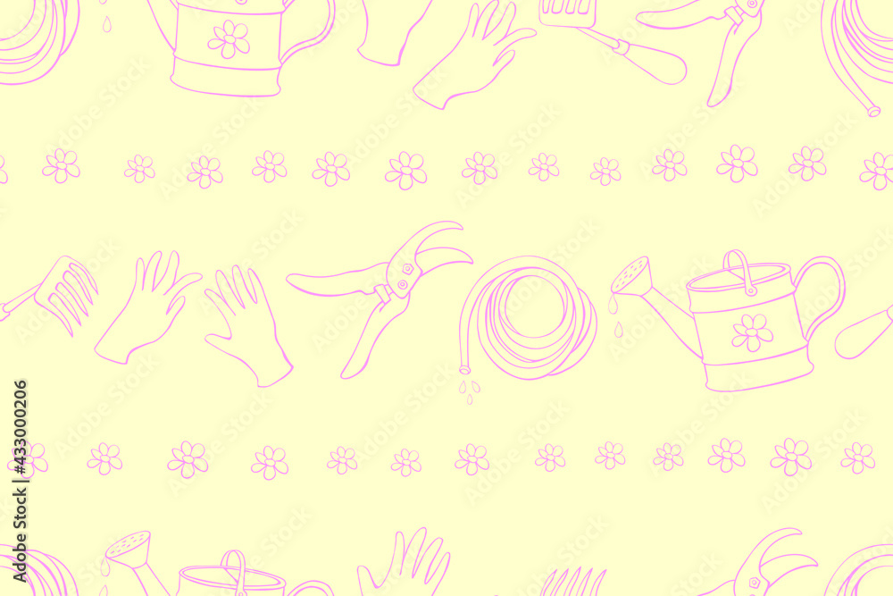 Seamless pattern with outline garden equipments: watering can, rake, hoe, gloves, pruner, hose for irrigation. Vector backgrounds and textures with tools gardening in doodle style