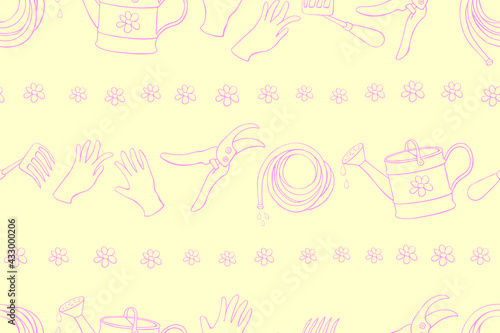 Seamless pattern with outline garden equipments: watering can, rake, hoe, gloves, pruner, hose for irrigation. Vector backgrounds and textures with tools gardening in doodle style