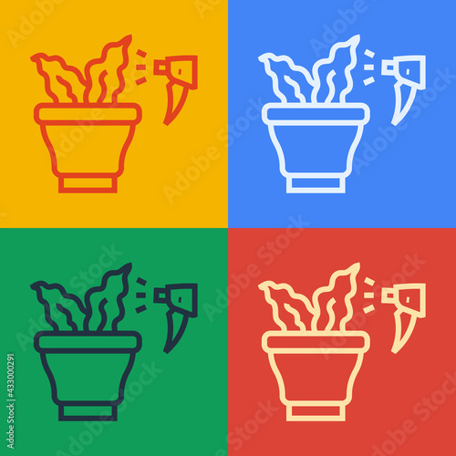Pop art line Spraying a house plant with a spray gun icon isolated on color background. Moistening of foliage. Care for home flowers. Vector