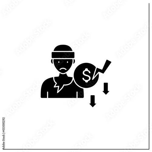 Beggar glyph icon. Penniless person. Man without money, food, work. Asking about cash. Unemployment concept. Filled flat sign. Isolated silhouette vector illustration