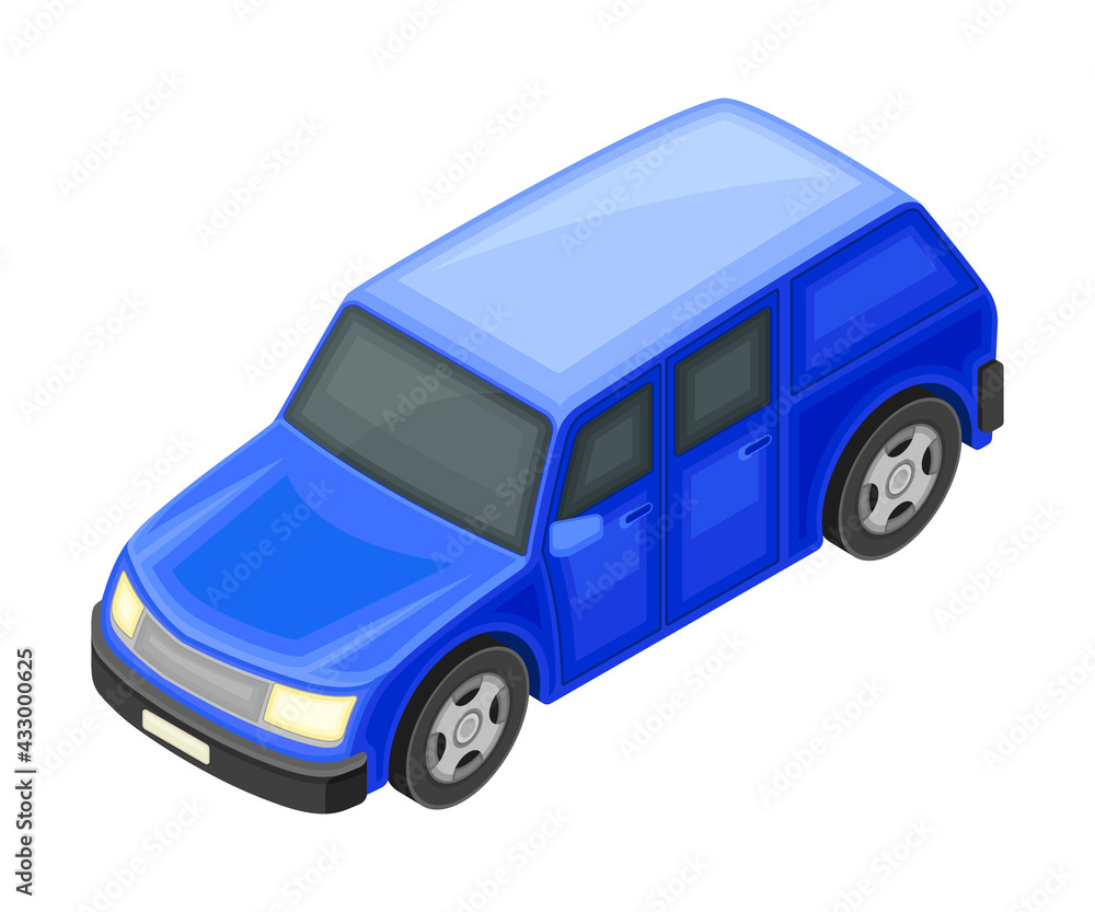 Blue Hatchback Car Body as Motor Vehicle and Urban Transport Isometric Vector Illustration