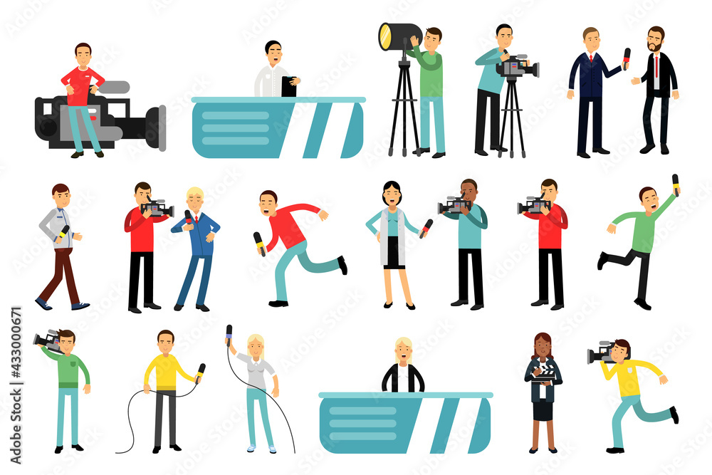 Man and Woman Character as Journalist or Reporter from Studio Broadcasting the News with Cameraman Filming Vector Illustration Set