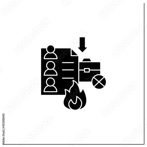Fired lists glyph icon. Applicants list for dismission. Unproductive workers. Fired due to budget cutting. Unemployment concept.Filled flat sign. Isolated silhouette vector illustration