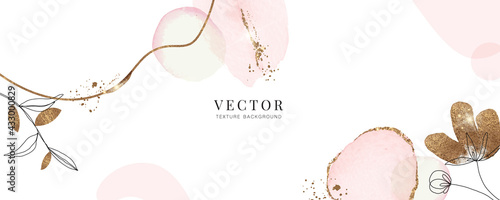minimal background in pink flowers and tropical summer leaf with golden metallic texture gallery wall art vector 