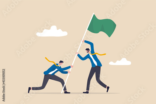 Team achievement, business challenge and victory or winner reaching goal and target concept, businessmen people teamwork or partnership helping raising winning flag.
