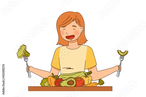Vegetarian Female at Table Eating Raw Vegetables Vector Illustration