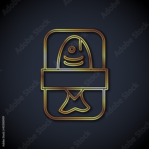 Gold line Fish plastic tray container with cellophane cover icon isolated on black background. Vector