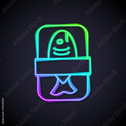 Glowing neon line Fish plastic tray container with cellophane cover icon isolated on black background. Vector