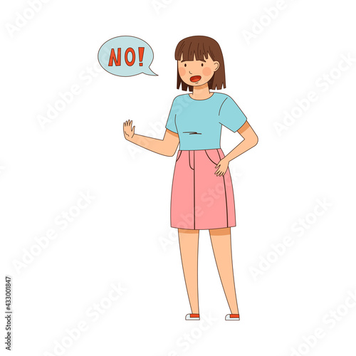 Woman Expressing Denial Saying No Showing Stop Sign with her Hand Vector Illustration