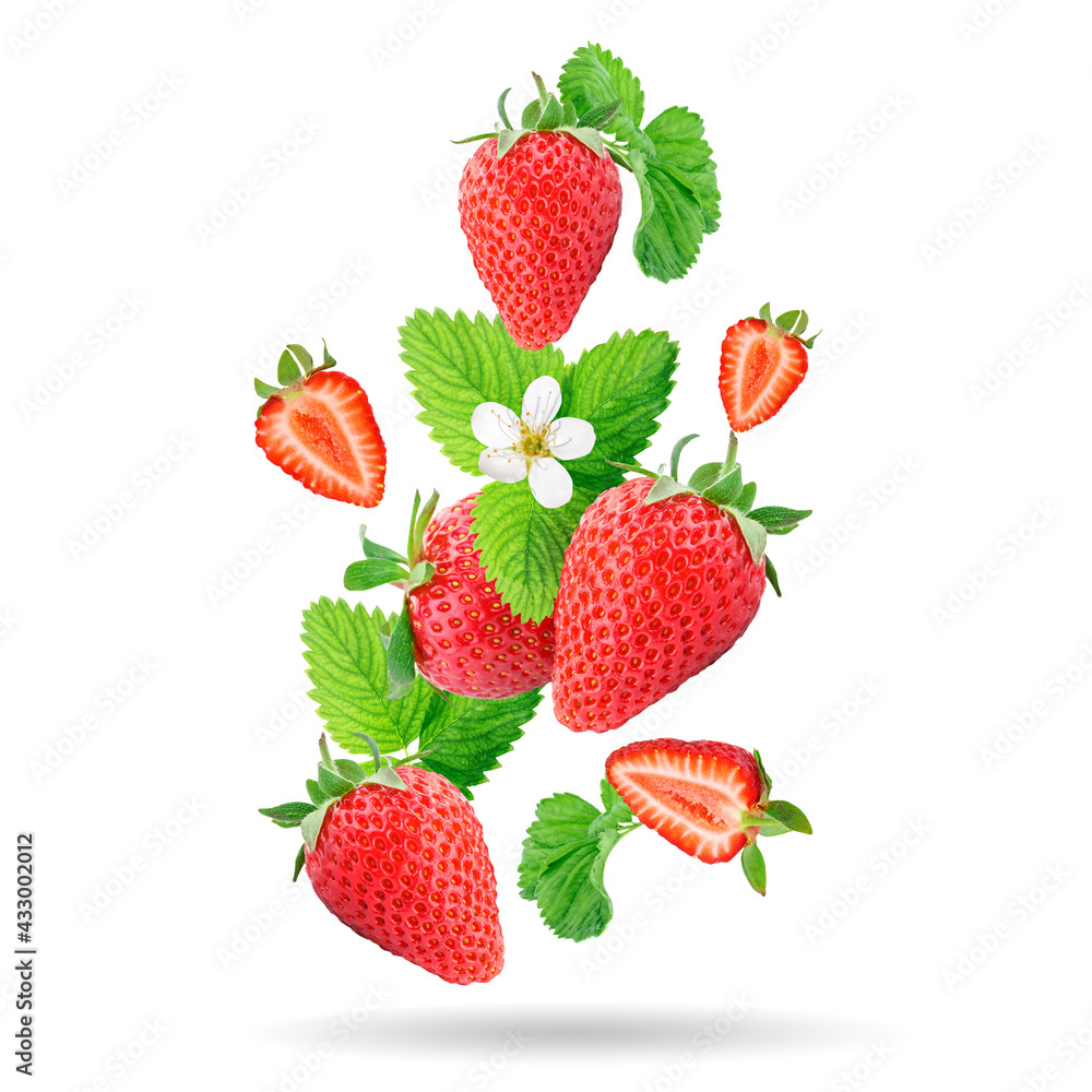 Strawberry berries levitating on a white background. Isolated object on a white background. Horizontal. Strawberry berries levitating on a white background. Isolated object on a white background. Horizontal.