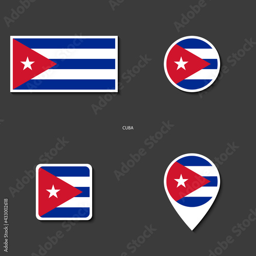 Cuba flag icon set in different shape (rectangle, circle, square and marker icon) on dark grey background. Cuba flag icon collection on barely dark background.