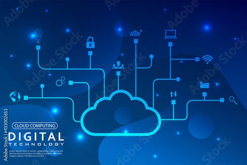 Cloud computing, internet online data storage, database and mobile server concept, Cloud connected with technology icons. Vector illustration