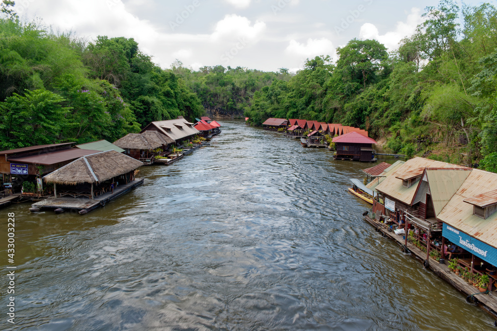 Kanchanaburi, Thailand, Apr 14 2017. Jungle Raft Building near Saiyok Yai waterfall, Kaw Noi River Kanchanaburi, Thailand, Apr 14 2017. Jungle Raft Building near Saiyok Yai waterfall, Kaw Noi River