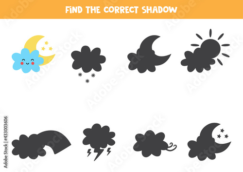 Find the correct shadow of cute cloud with moon. Logical puzzle for kids.