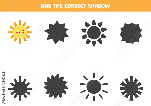 Find the correct shadow of cute kawaii sun. Logical puzzle for kids.