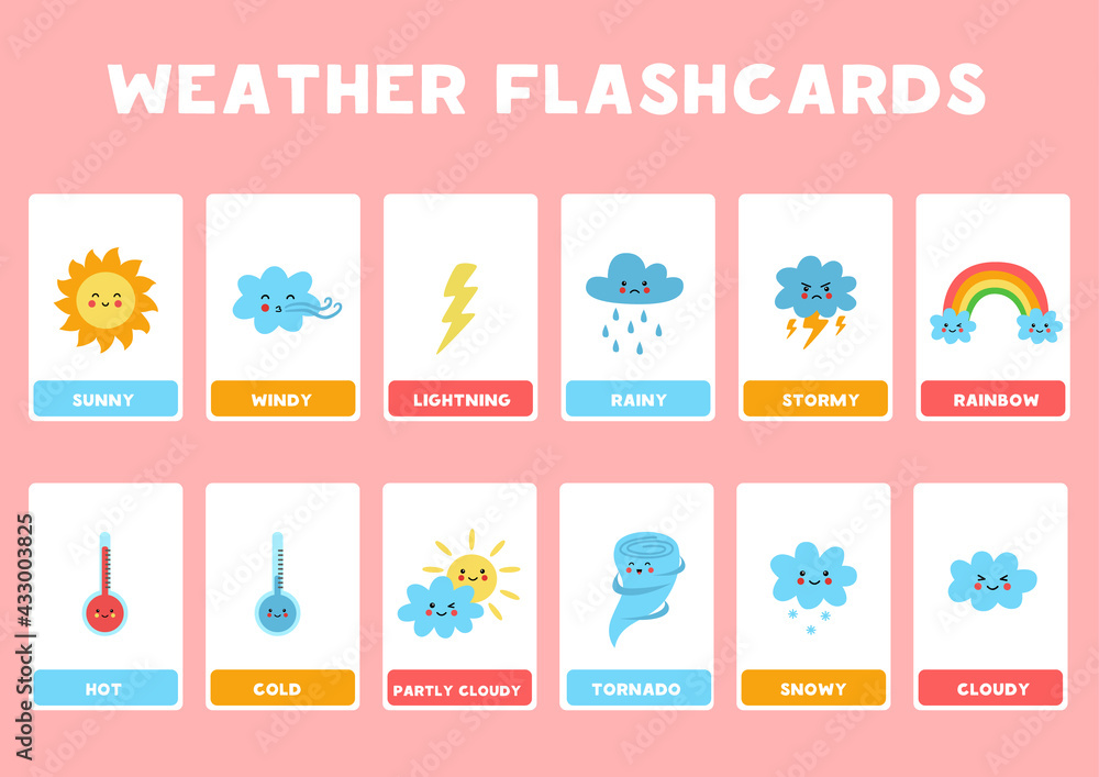 Cute weather elements with names. Flash cards for children. Cute weather elements with names. Flash cards for children.