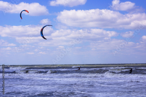 Azov Sea coast, Kazantip nature reserve, Shchelkino town, high wave at sea, kiteboarding, kitesurfing, windsurfing. Republic of Crimea