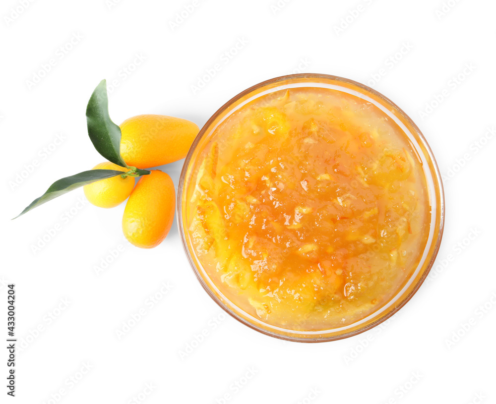 Delicious kumquat jam in bowl and fresh fruits on white background, top view Delicious kumquat jam in bowl and fresh fruits on white background, top view
