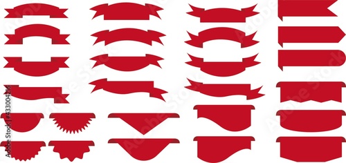 et of Red Ribbon and badges. Sale quality tags and labels. Template banner shopping badges. Special offer, sale, discount, shop, black Friday. Vector illustration.