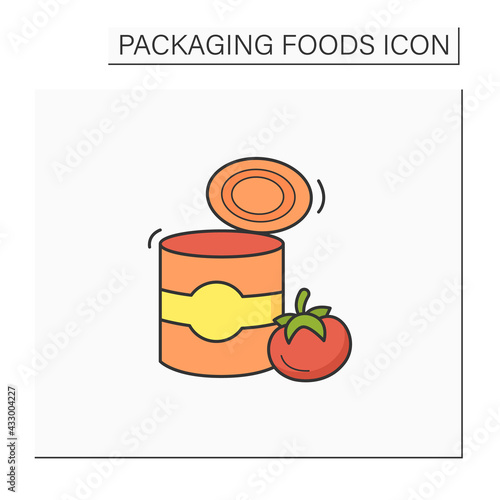 Tomato soup color icon. Soup in tin can. Steel container.Portion control, protection, tampering resistance from bacteria. Packing food concept. Isolated vector illustration