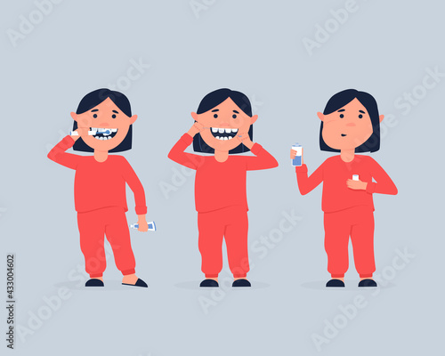 A set of a girl taking care of the oral cavity. Girl brushes his teeth with an electric brush, cleans the interdental space with dental floss, uses a mouthwash. Flat vector illustration.
