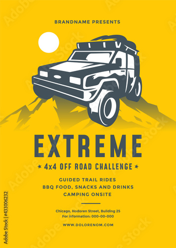 Off road truck competition poster or flyer event modern typography design template and 4x4 suv car silhouette.