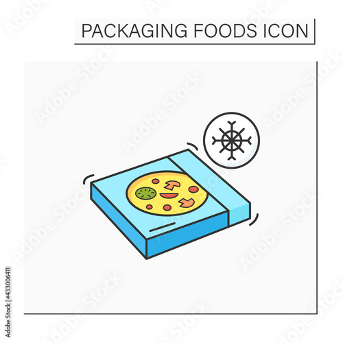 Frozen pizza color icon. Tasty food in carton box. Protection, tampering resistance from bacteria. Packing food concept. Isolated vector illustration