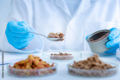 Close up picture of quality control personnel are inspecting the quality of canned pet food. Physical quality inspection. Quality control process of pet food industry.