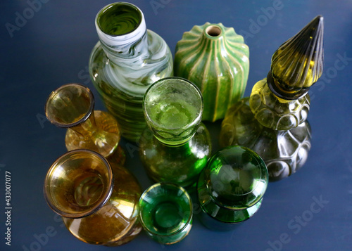 Glassware set, vintage decor, glass bottle and vase