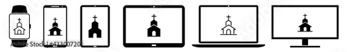 Display Church, Churches, Catholic, Christian Icon Devices Set | Web Screen Cathedral, Chapel Device Online | Laptop Vector Illustration | Mobile Phone | PC Computer Smartphone Tablet Sign Isolated
