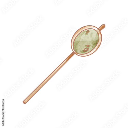 Clip-art green matcha tea drops in spoon for ceremony isolate on white background. Watercolor digital illustration. Print for sticker, postcard, menu, packaging, brand, cafe.