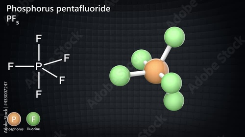 Phosphorus pentafluoride (Phosphorus(V) fluoride), formula PF5 or F5P. It is a colourless, toxic gas. 3D render. Seamless loop. Chemical structure model: Ball and Stick. photo