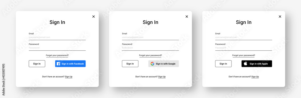 Log In form template set. Sign In with Facebook, Google, Apple. Isolated  login, sign in forms on white background. Website or App account connexion  page with email, passeword. UI vector Illustration. Stock